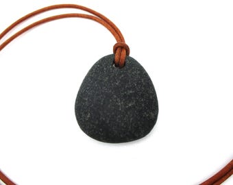 Lake Superior Beach Stone Pendant Necklace with a 16 Inch Natural Brown Leather Cording, Single Raw Stone Choker Pendant