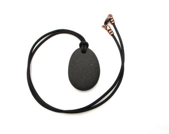 Lake Michigan Beach Stone Choker Pendant Necklace with Black Leather Cording, Oval Raw Stone Necklace, Smooth Beach Rock Pendant