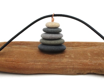 Cairn Necklace Pendant, Stacked Beach Pebble Pendant with 20 Inch Leather Cord from Lake Michigan, Nature Inspired Raw Stone Cairn Jewelry
