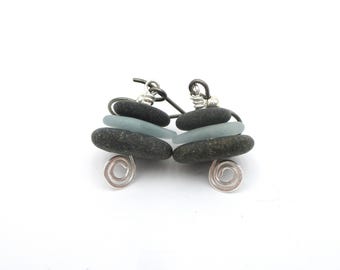 Lake Michigan Beach Glass and Pebble Cairn Earrings with Sterling Silver Swirl