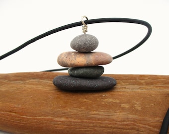 Inukshuk Pendant Necklace, Lakes Michigan & Superior Beach Stone Pebble Inuksuk Style Cairn Pendant with Adjustable Leather Cording