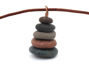 Lake Superior Five-Pebble Cairn Necklace – Colorful Beach Stone Pendant, Keweenaw Peninsula Jewelry
