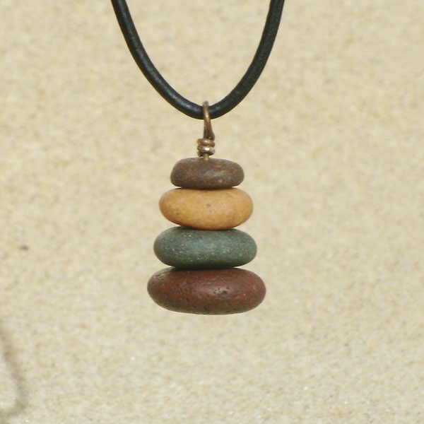 Copper Harbor Keweenaw Lake Superior Beach Stone Pebble Cairn Pendant Necklace with Black Leather Cording Adjustable up to 30 Inches