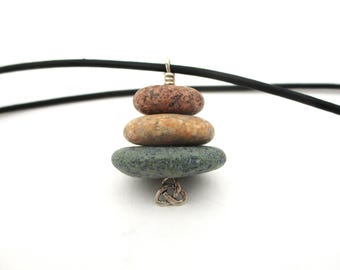 Celtic Trinity Cairn Pendant: Lake Superior Pebbles, Leather Cord, Silver Irish Love Knot