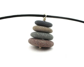 Pebble Cairn Necklace - Lake Superior Raw Stone Pendant on Leather Cord - Nature Inspired Gift for Her