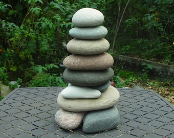 Re-Stackable Lake Superior & Lake Michigan Stone Cairn - Small Garden Sculpture - Great Lakes Beach Stone Art - Zen Garden Decor - 11.5" T