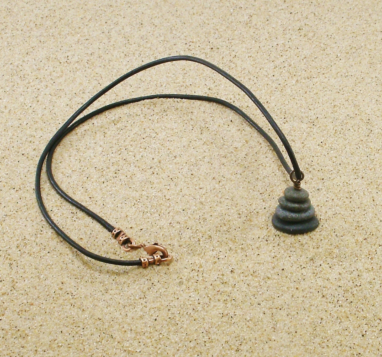 Stacked Pebble Cairn Pendant Necklace with 17 Inch Black Leather Cording, Cairn Jewelry, Natural