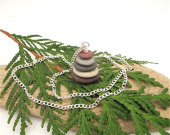 Pebble Cairn Necklace with 17 Inch Silver Chain and Gift Box, Lakes Michigan and Superior, One of a Kind Handmade Raw Stone Cairn Pendant