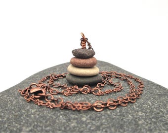 Colorful Stone Necklace with 20 Inch Chain, Lake Michigan and Lake Superior Four Pebble Cairn Pendant with Gift Box, Nature Inspired Jewelry