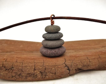 Lake Superior Beach Pebble Cairn Pendant with 16 Inch Leather Cording, Natural Raw Stone Necklace, Unique Nature Inspired Gift