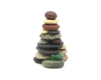 Lake Michigan & Superior Stone Cairn with Beach Glass - Miniature Nature-Inspired Art Sculpture Gift - #115 in Series