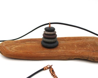 Stacked Pebble Cairn Necklace, Lake Superior 20 Inch Rock Stack Pendant with Gift Box, Natural Raw Stone Necklace for Outdoor Woman