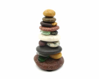 Small Beach Stone Cairn with Beach Glass #41 Mini, Lakes Michigan & Superior, Nature Inspired Beach Art, Unique Handmade Housewarming Gift