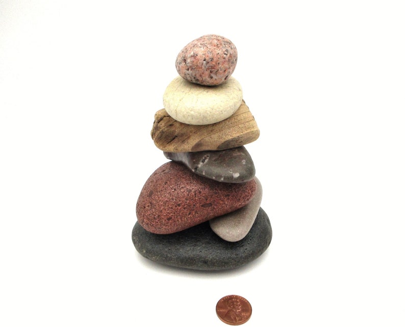 Stone and Driftwood Cairn Stone Cottage Decor Beach Rock Stacks Zen Stone Stack Nature Themed Office Art Pure Michigan Rock Cairn #163