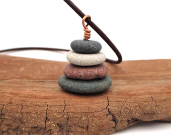 Colorful Four Pebble Cairn Pendant Necklace for Outdoor Woman, 16 Inch Leather Cording, Lakes Superior & Michigan Beach Stones, Gift for Her