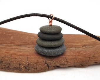 Lake Superior Beach Pebble Cairn Pendant with Adjustable Cording, Natural Raw Stone Stacked Rock Necklace, Meaningful Michigan Inspired Gift