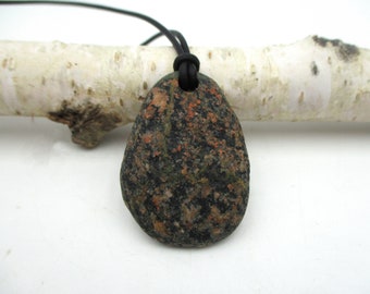 Lake Michigan Beach Stone Teardrop Pendant with 20 Inch Leather Cord, Raw Stone Boho, Minimalist Beach Rock Jewelry