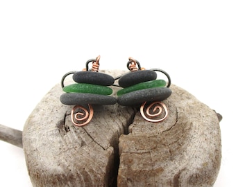 Pebble Cairn Earrings with beach glass from Lake Michigan with Gift Box, Hypo-allergenic Niobium & Copper Ear Wires and Fiddlehead Headpin