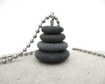 Zen Pebble Necklace with 21 Inch Stainless Ball Chain, Lake Michigan Rock Pendant with Gift Box, Stacked Stone Necklace for a Man or Woman