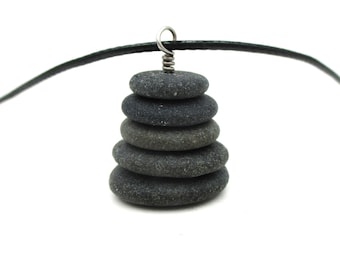 Lake Superior Basalt Pebble Cairn Pendant, Adjustable Waxed Polyester Cording, Stacked Stone Zen Style Pendant Necklace, Gift Box and Card