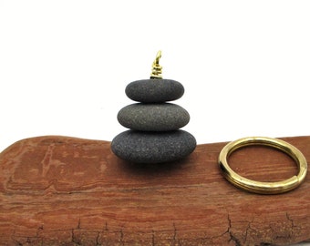 Zen Pebble Cairn Keychain from Lake Michigan with Solid Brass Ball Pin and Split Ring