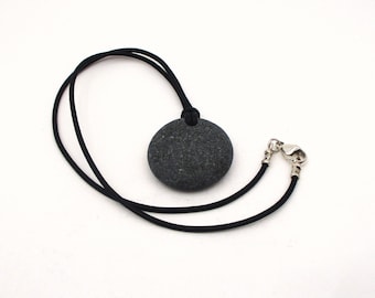 Raw Beach Stone Choker Pendant Necklace from Lake Superior with 15 Inch Black Leather Cording and Sterling Silver Findings