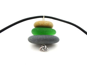 Celtic Trinity Cairn Pendant with Pebbles & Beach Glass, Lake Superior, 18 Inch Cording with Sterling Silver Irish Love Knot and Findings