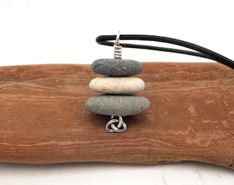 Sterling Silver Celtic Trinity Knot Pebble Cairn Pendant, 16 Inch Leather Cord, Lakes Superior & Michigan