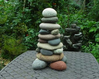 Re-Stackable Lake Michigan & Superior Stone Cairn - Colorful Beach Rock Garden Sculpture - Great Lakes Outdoor Art - 13" Tall