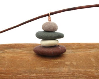 Inukshuk Style Pendant Necklace, Pure Michigan Beach Stone Pebble Inuksuk Style Cairn Pendant with 17 Inch Leather Cording, Little Stone Man