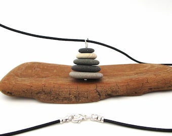 Cairn Necklace with 22 Inch Black Leather Cord & Sterling, Lake Michigan Pebble Pendant with Gift Box, Stacked Stone Pendant, Zen Jewlery