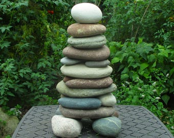 Large Re-Stackable Garden Cairn - Colorful Lake Michigan & Superior Stone Sculpture - Great Lakes Outdoor Art - 17.25" Tall