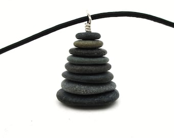 Zen Style Lake Michigan Raw Stone Necklace with 20 Inch Cording and Silver, Pebble Stack Cairn Pendant with Gift Box and Informational Card