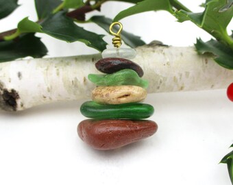 Michigan Beach Glass and Stone Cairn Christmas Tree Ornament - Handmade Nature-Inspired Housewarming Gift