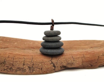 Zen Four Pebble Pendant, 16 Inch Pebble Cairn Pendant Necklace with Leather Cording, Nature Inspired Jewelry, Raw Stone Pendant