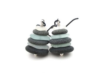 Stacked Beach Glass and Pebble Cairn Earrings from Lake Michigan with Gift Box, Hypo-allergenic Niobium & Sterling Silver French Ear Wires