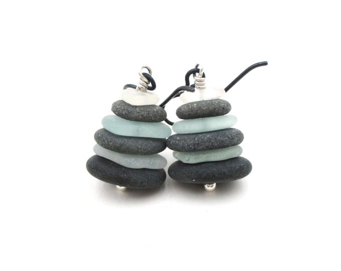 Featured listing image: Stacked Beach Glass and Pebble Cairn Earrings from Lake Michigan with Gift Box, Hypo-allergenic Niobium & Sterling Silver French Ear Wires