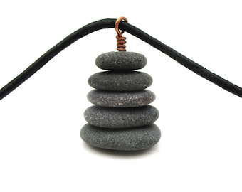 Pebble Pendant Necklace from Lake Superior, Beach Stone Cairn Pendant with 18 inch Leather Cord, Gift Box and Descriptive Card Included
