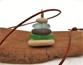 Pebble and Beach Glass Cairn Necklace with Adjustable Leather Cording & Sterling Silver, Lakes Michigan and Superior Natural Stone Necklace