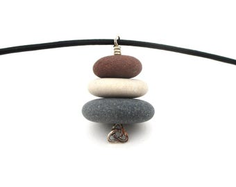Celtic Trinity Cairn Pendant: Colorful Lake Michigan & Superior Pebbles, Leather Cord, Silver Irish Knot