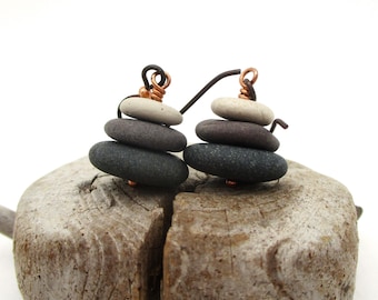 Pebble Cairn Earrings from Lakes Michigan and Superior, Hypo-allergenic Niobium and Pure Copper Ear Wires, Unique Nature Inspired Jewelry