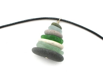 Zen-Inspired Lake Michigan Pebble & Beach Glass Cairn Necklace - Adjustable Cord with Sterling