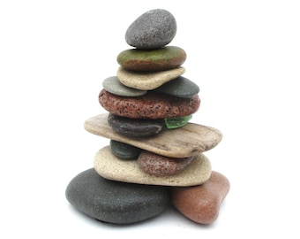Lake Michigan & Lake Superior Cairn with Driftwood and Beach Glass - Great Lakes Nature Decor - Bonded Rock Sculpture - Series #605 - 4.25"
