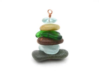 Cairn Christmas Tree Ornament from Lakes Michigan & Superior - Pebbles and Beach Glass -Nature Inspired Gift