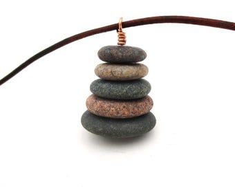 Lake Superior Five Pebble Necklace with 22 Inch Black Leather Cording, Colorful Stone Cairn Pendant with Informational Card and Gift Box
