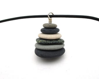 Pebble Necklace with 22 Inch Leather Cording, Nature Inspired Lake Michigan Beach Jewelry, Natural Raw Stone, Gift Box & Informational Card