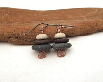 Pebble Cairn Earrings from Lakes Michigan & Superior, Copper Fiddlehead, Hypo-Allergenic Niobium French Ear Wires, Gift Box Included