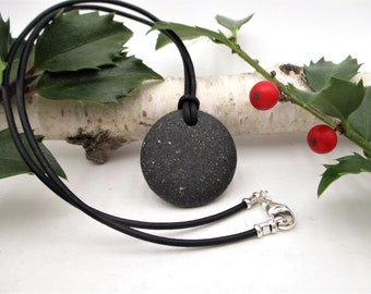 Lake Michigan Naturally Round Beach Stone Choker Pendant with Leather Cording, Raw Stone Boho 15 Inch Necklace, Smooth Beach Rock Jewelry