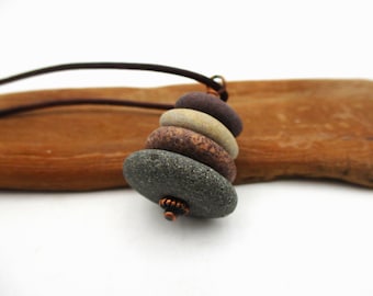 Pebble Necklace with 22 Inch Leather Cording, Gift Box and Informational Card, Lakes Michigan and Superior, Raw Stone Cairn Beach Jewelry
