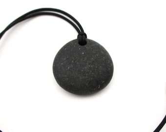 Lake Superior Beach Stone Choker Pendant Necklace with 17 Inch Black Leather Cording, Round Raw Stone Necklace, Smooth Beach Rock Pendant